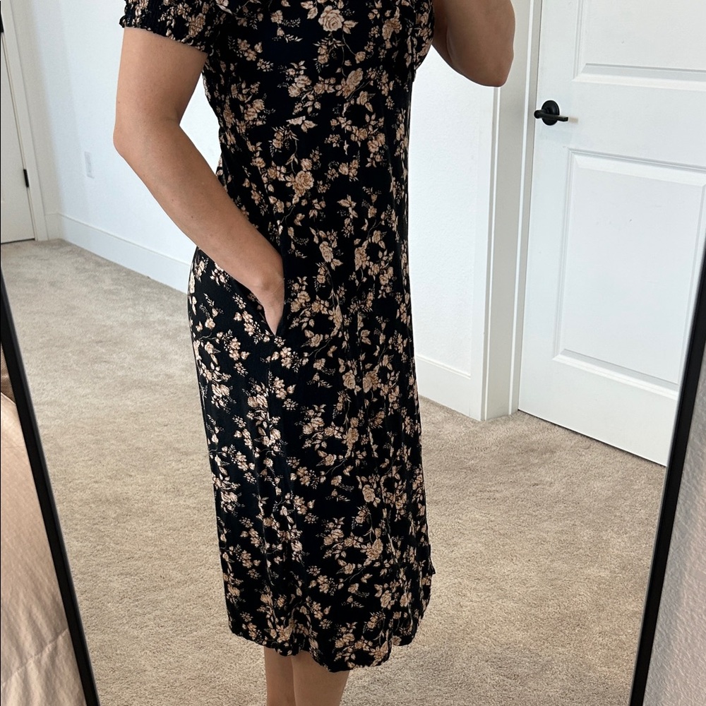 Mimi chica Festival Black Floral Midi Dress with Puff Sleeves pockets boho Chic - Picture 4 of 11